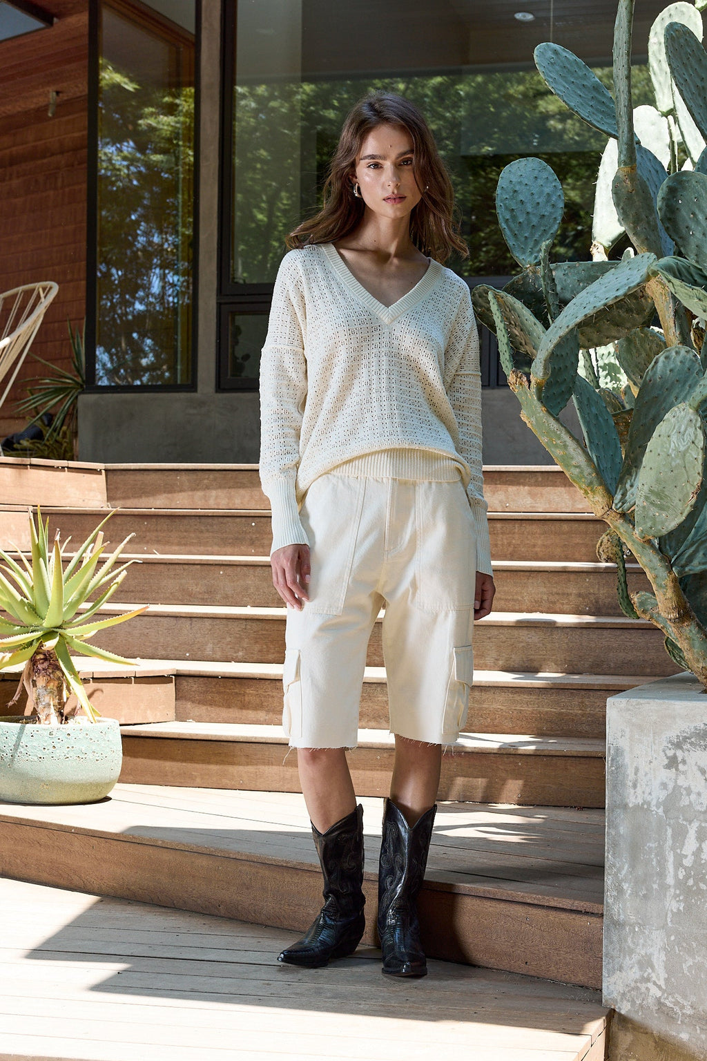 Pheobe Viscose Blend Crochet V Neck Sweater