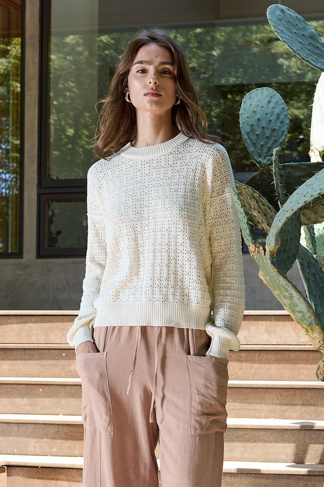 Estelle Viscose Blend Crochet Blouson Crew Sweater Hover Image