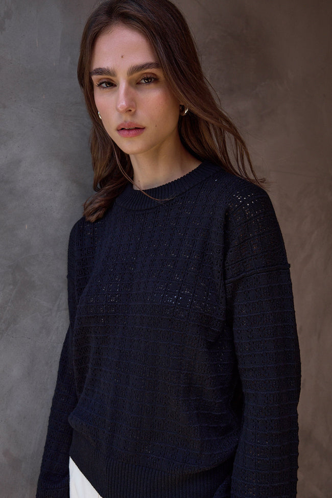 Estelle Viscose Blend Crochet Blouson Crew Sweater Main Image